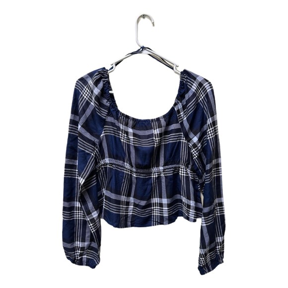 Jolie & Joy Long Sleeve Blue Drawstring Plaid Crop Top, Large, NWT - Picture 3 of 6